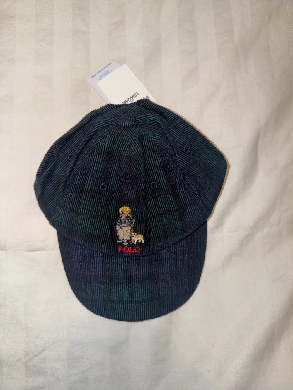 Polo by Ralph Lauren Green and Blue Corduroy Kids Baseball Cap with Bear Patch